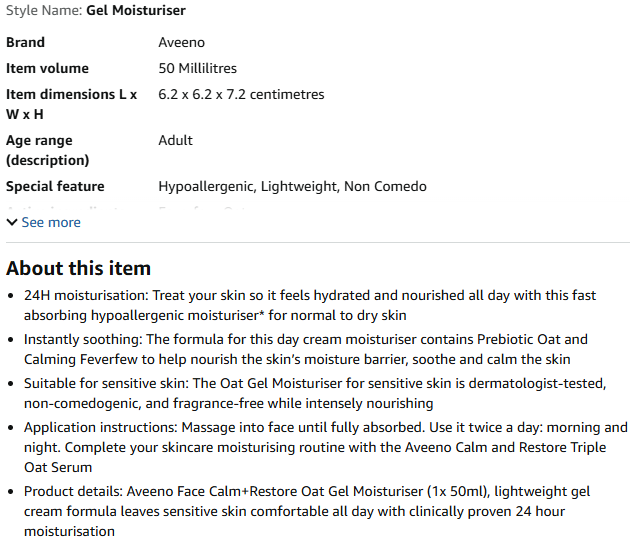 Aveeno Face Calm+Restore Oat Gel Moisturiser